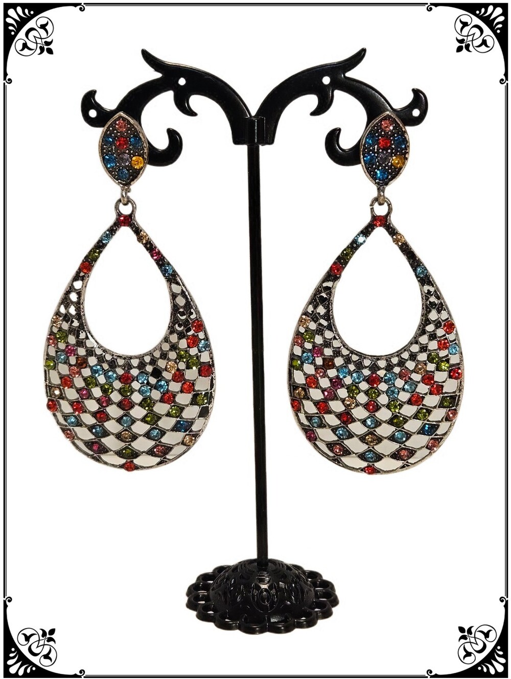 Silver Tone Multicolor Rhinestone Teardrop Statement Earrings